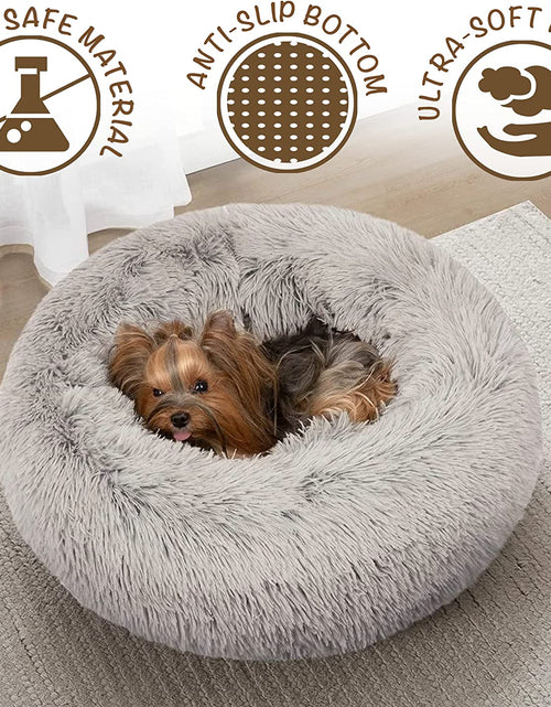 Load image into Gallery viewer, Donut Dog Bed Faux Fur Fluffy Calming Sofa for Small Dogs, Soft &amp; Plush anti Anxiety Pet Couch for Dogs, Machine Washable Coco Pet Bed with Non-Slip Bottom, 23"X23"X6" Grey
